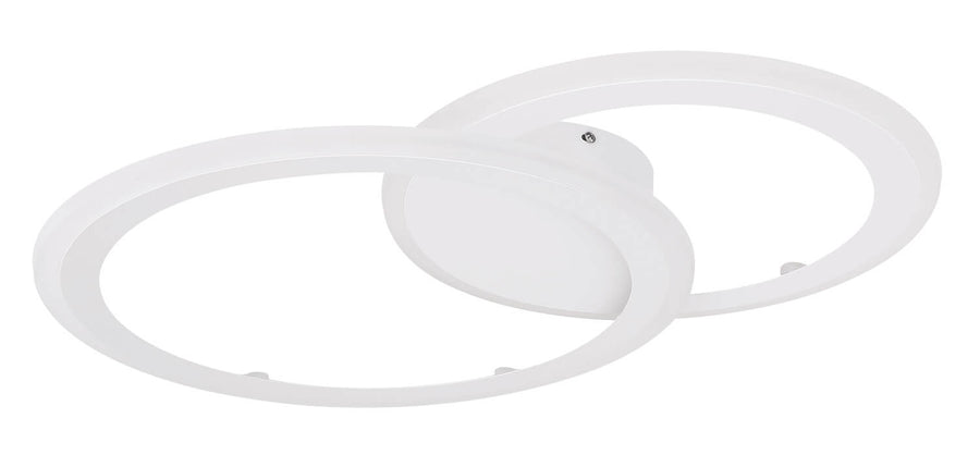 Détail du luminaire blanc, deux anneaux superposés, éclairage éteint, intérieur blanc mat.