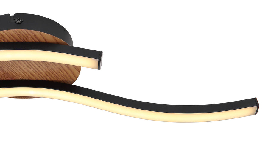 Détail de l'extrémité d'un bras LED et de la base en bois.