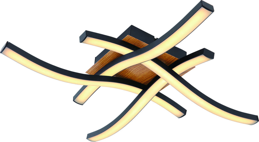 Autre angle du plafonnier illuminé montrant les bras lumineux croisés sur le socle en bois