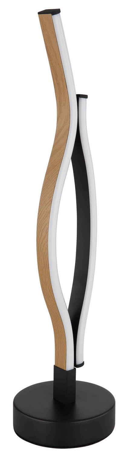 Vue de profil de la lampe torsadée, face interne blanche, bois et noir, fond blanc.