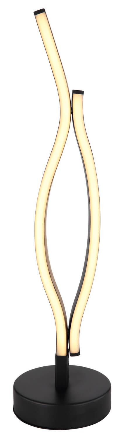 Lampe à poser allumée, diffuseur blanc lumineux, structure noire et bois, fond blanc.