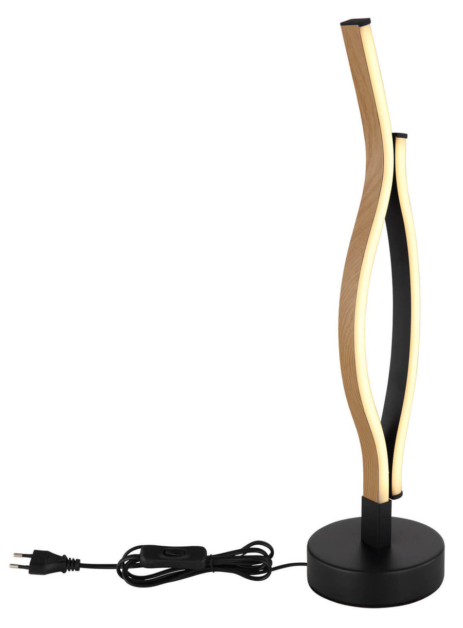 Luminaire à poser avec cordon et prise, base ronde noire, vue de trois quarts, fond blanc.