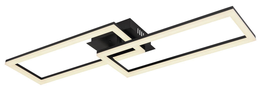 Vue rapprochée du plafonnier noir mat, montrant les deux rectangles et le socle central.