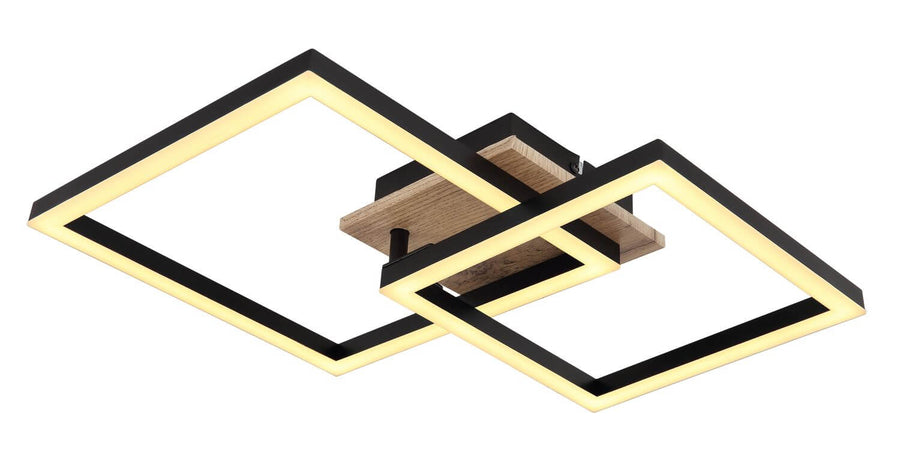 Vue rapprochée du luminaire montrant le socle en bois clair et le ruban LED