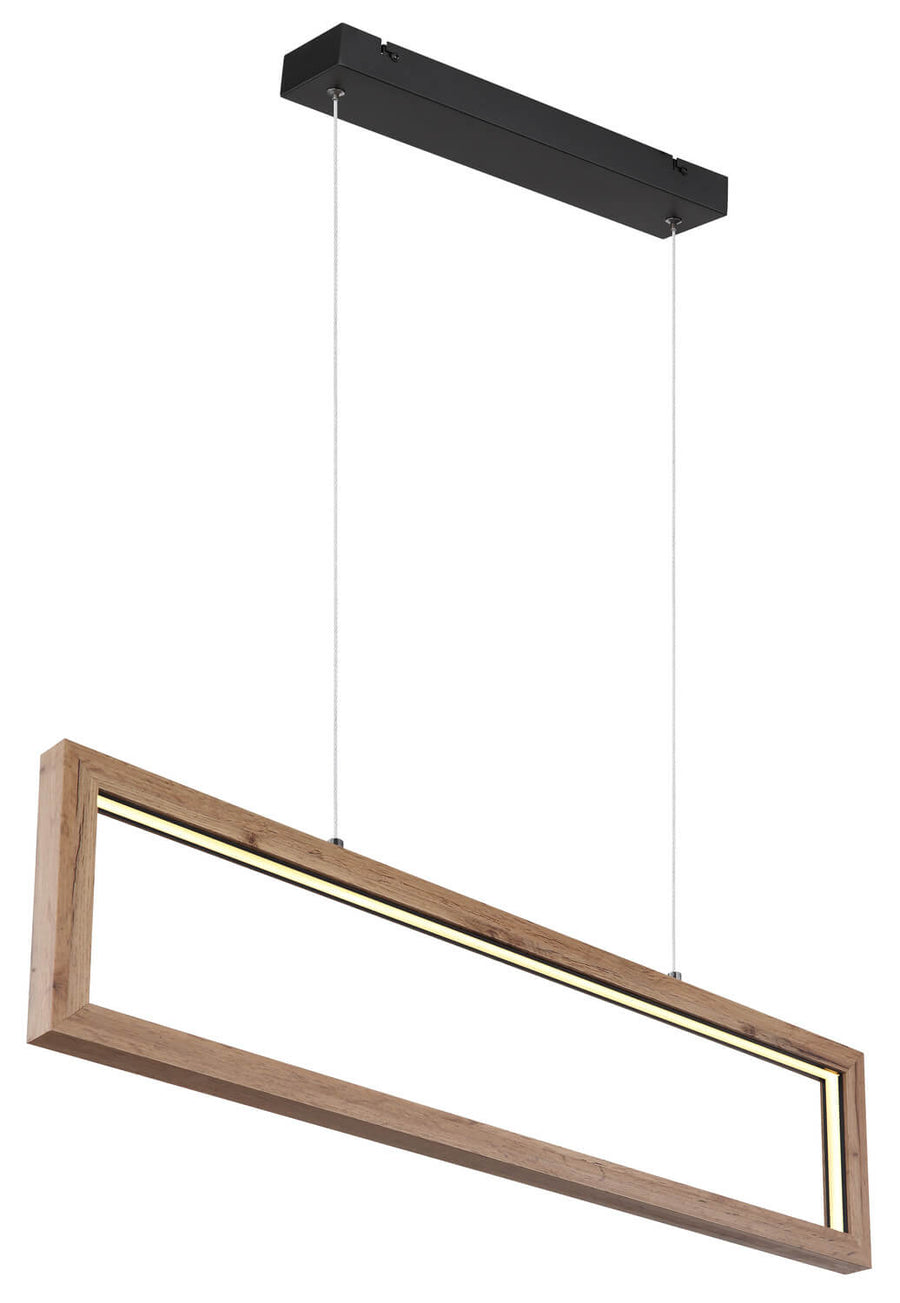 Vue en contre-plongée du luminaire suspendu, cadre en bois et câbles fins sur fond neutre.