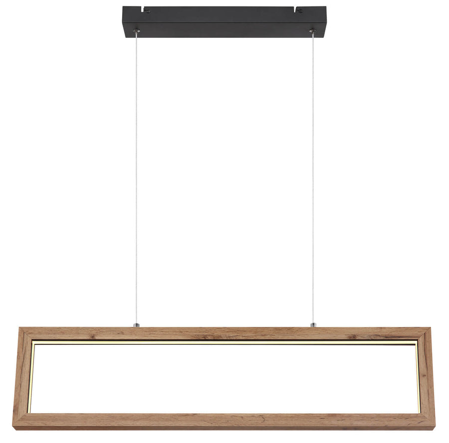 Vue de face du luminaire, cadre rectangulaire en bois, barre noire fixée au plafond.