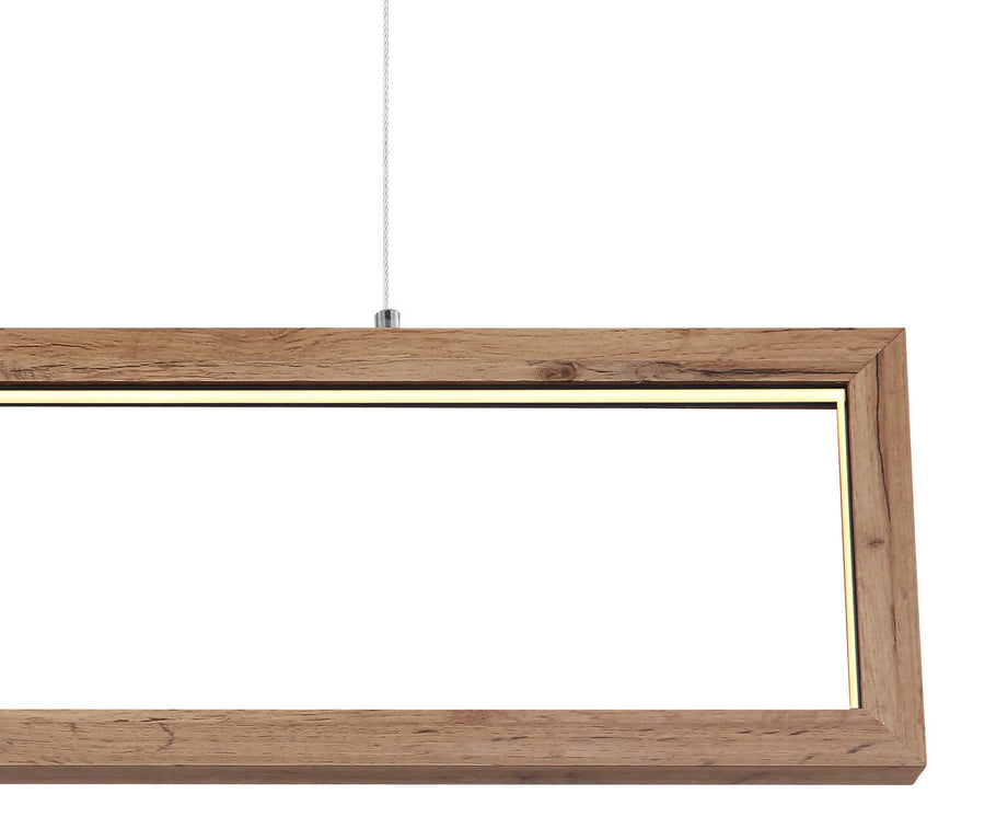 Détail de l'angle du cadre en bois et du ruban LED, câble de suspension.