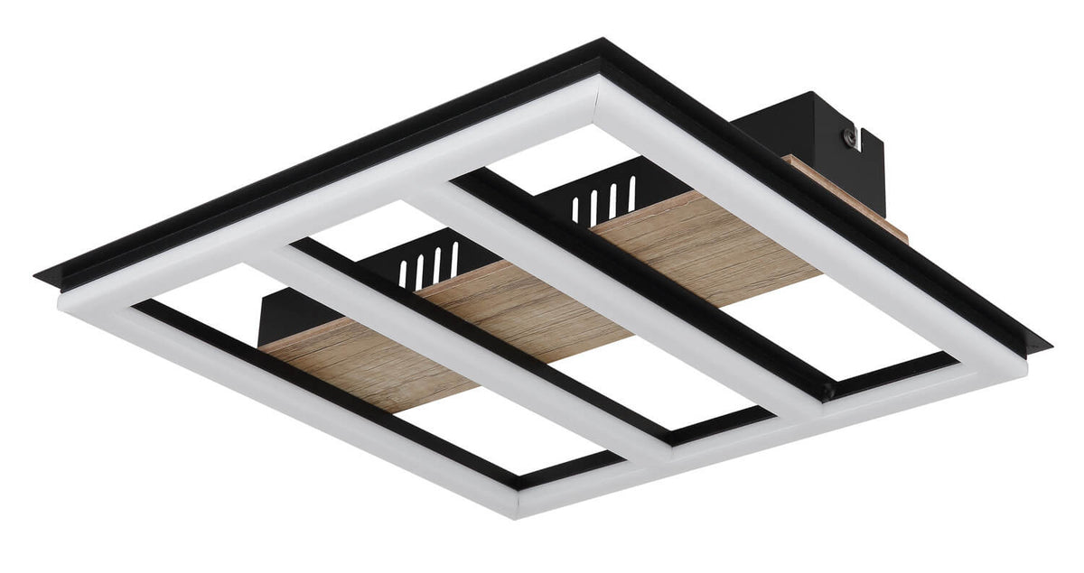 Vue rapprochée du plafonnier allumé, détaillant la bordure LED et les finitions noires.