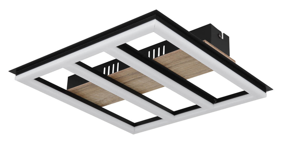 Vue rapprochée du plafonnier allumé, détaillant la bordure LED et les finitions noires.