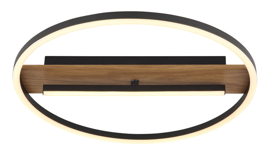Vue frontale du plafonnier avec anneau lumineux et traverse en bois