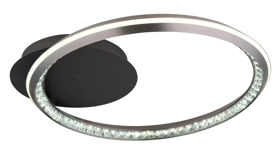 Vue rapprochée du plafonnier avec éclairage LED froid et base centrale noire.