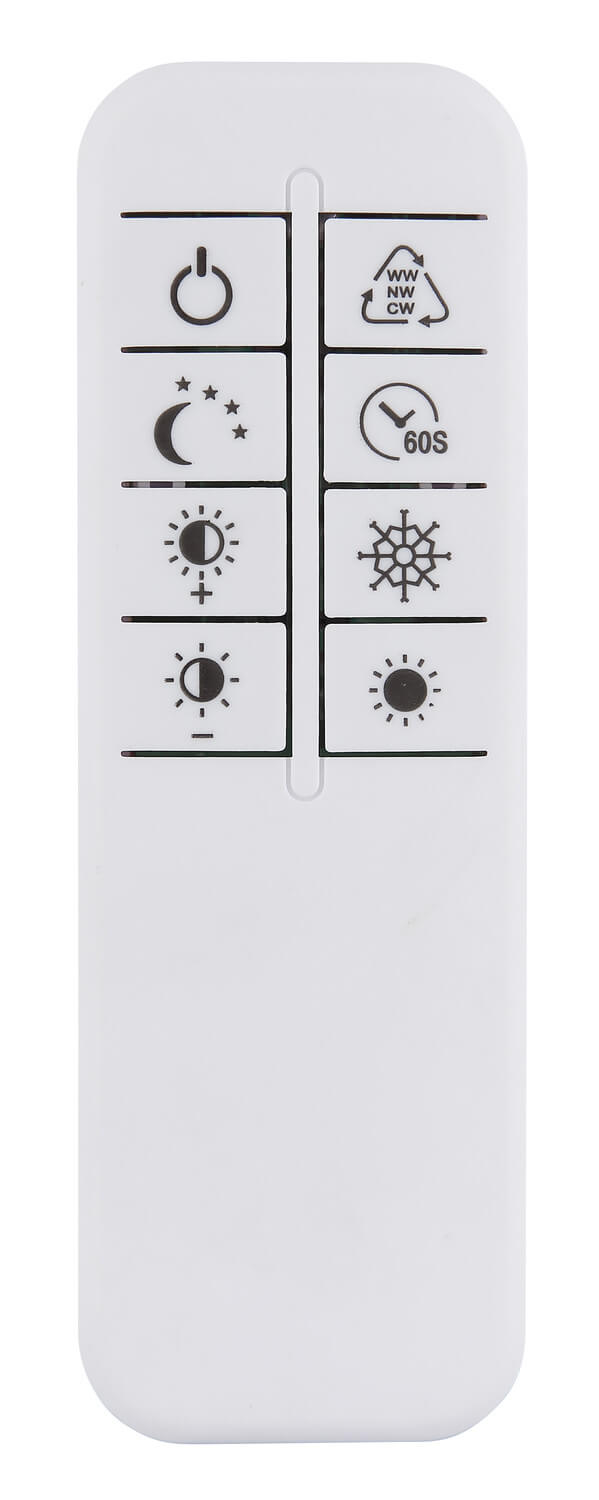 Télécommande blanche avec boutons de réglage intensité, température et minuterie