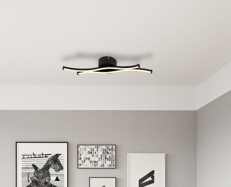 Plafonnier noir mat installé au plafond dans un intérieur contemporain, au-dessus de cadres muraux.