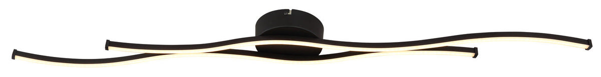 Vue de face du luminaire noir, longueur totale et profil ondulé des bras LED.