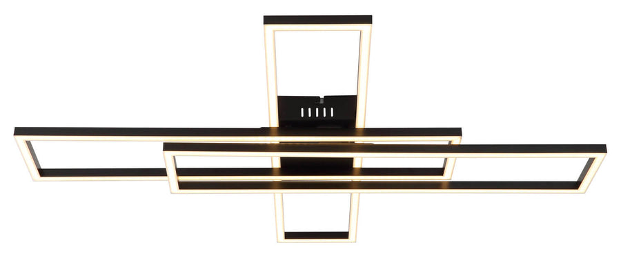 Vue de face du plafonnier, rectangles noirs et liserés lumineux, boîtier central visible