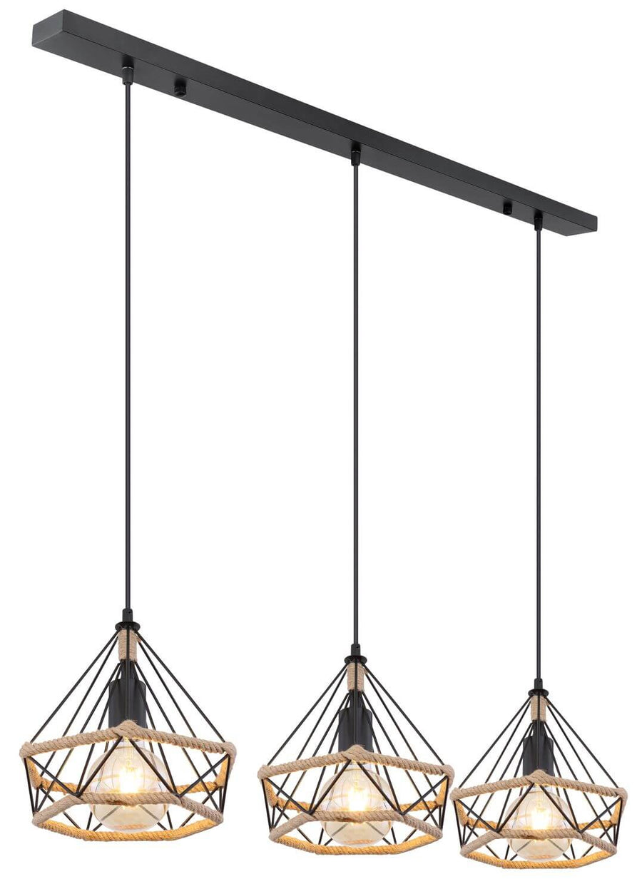 Détail de la cage métallique noire cerclée de corde tressée beige