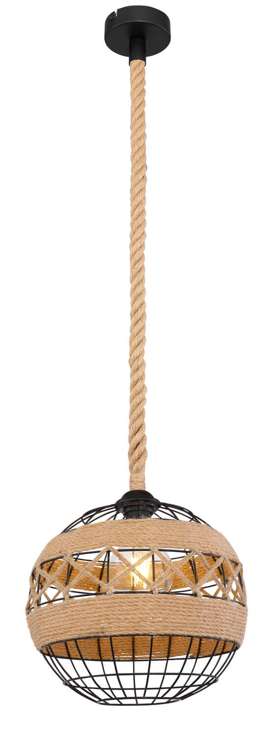 Luminaire suspendu entier présenté avec sa longue corde en fibres naturelles