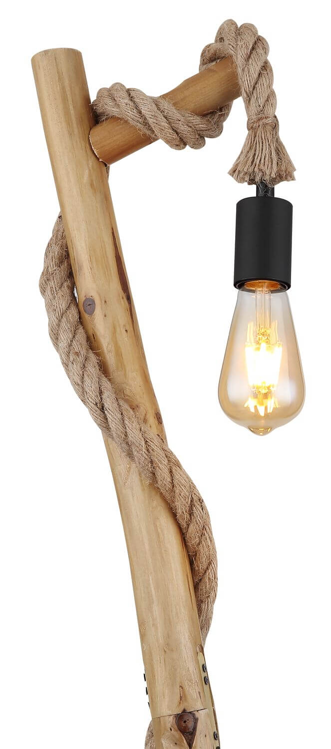 Détail du haut du lampadaire, corde nouée et douille noire avec ampoule allumée