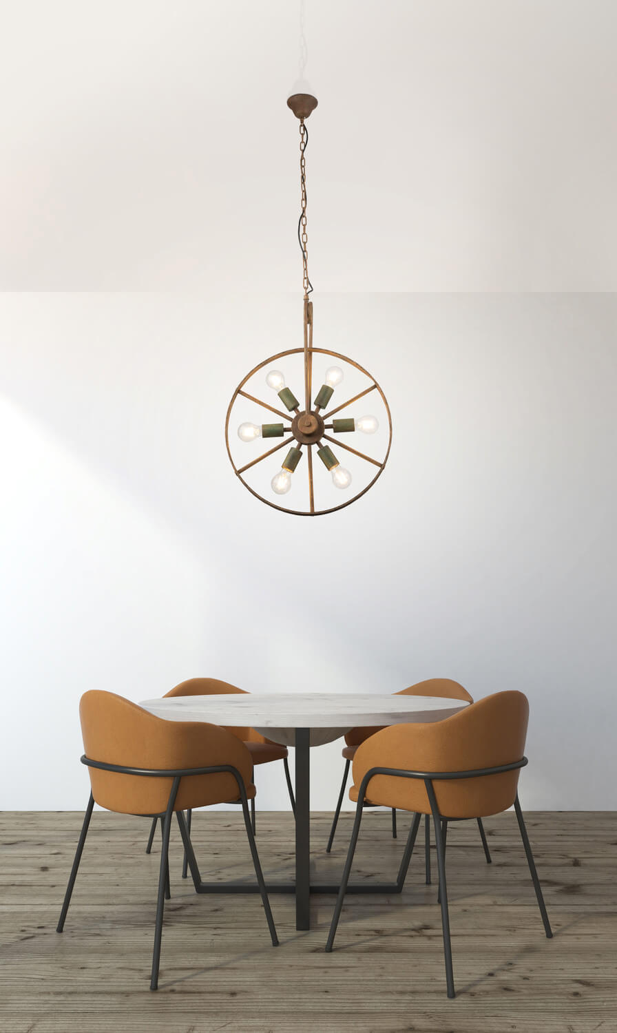 Mise en ambiance du luminaire suspendu au-dessus d'une table ronde et de chaises moutarde