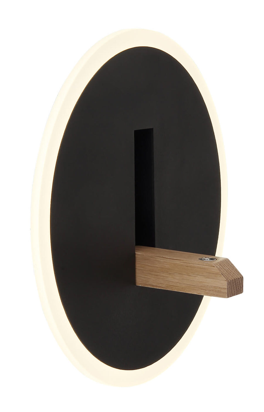 Vue de profil de l'applique noire, montrant l'épaisseur, le support en bois et le halo lumineux.