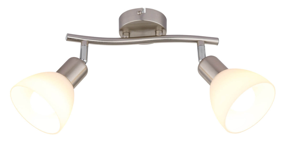 Vue de face du luminaire double spot avec bras arqué et verres opalins.