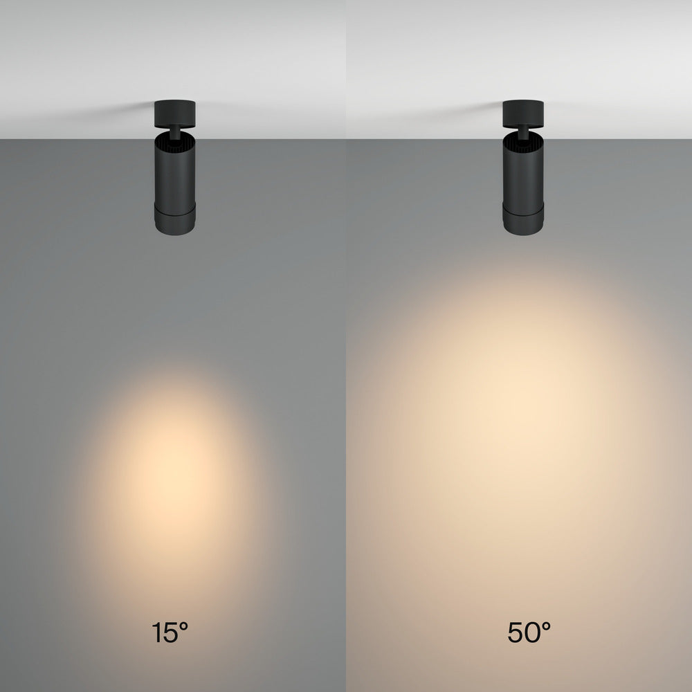 Schéma comparatif des faisceaux lumineux serré à 15 degrés et large à 50 degrés