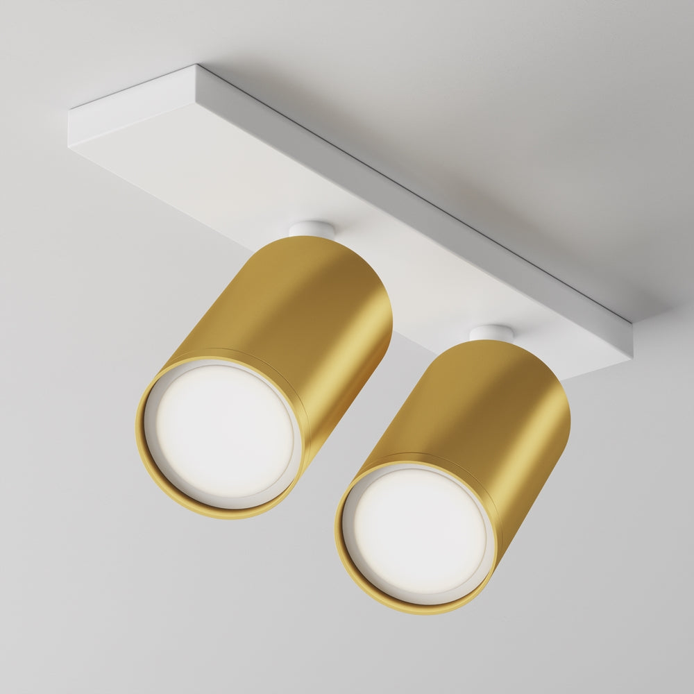 Deux projecteurs dorés montés sur platine blanche, éclairage orientable