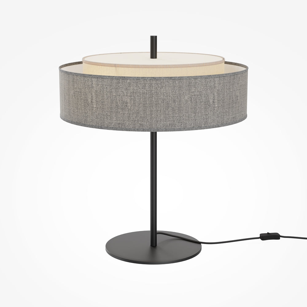 Lampe à poser avec abat-jour en lin gris, lumière chaude et socle noir