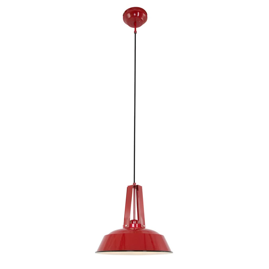 Vue entière de la suspension rouge, câble réglable et rosace de plafond sur fond blanc.