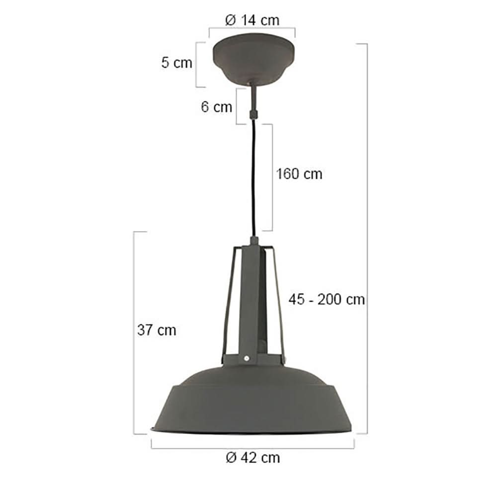 Schéma coté avec diamètre 42 cm, hauteur 37 cm et câble réglable.