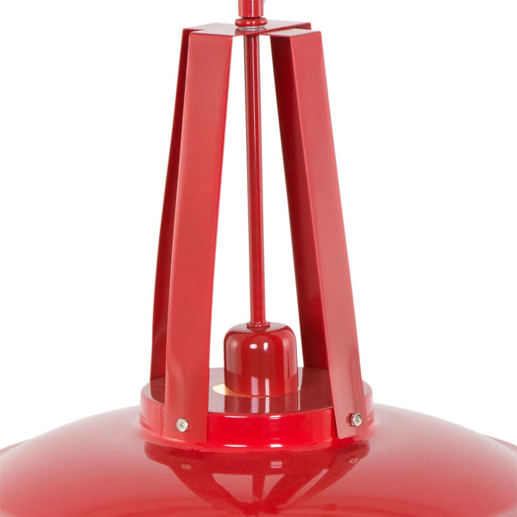 Détail de la fixation supérieure rouge, tiges métalliques et tige centrale filetée.