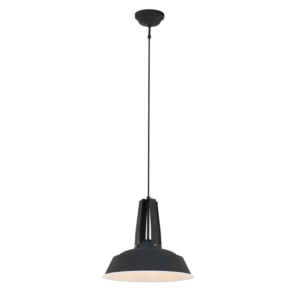 Vue entière de la suspension noire avec rosace de plafond et câble réglable.