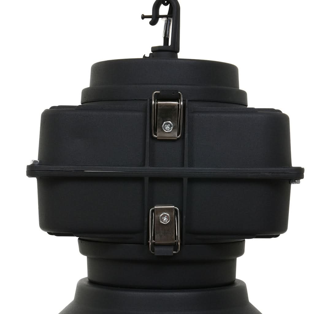 Détail du boîtier supérieur noir et de ses deux loquets métalliques