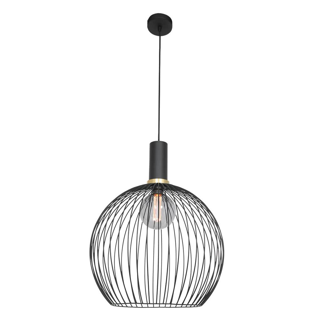 Vue de profil du luminaire suspendu avec câble, rosace et abat-jour filaire rond.