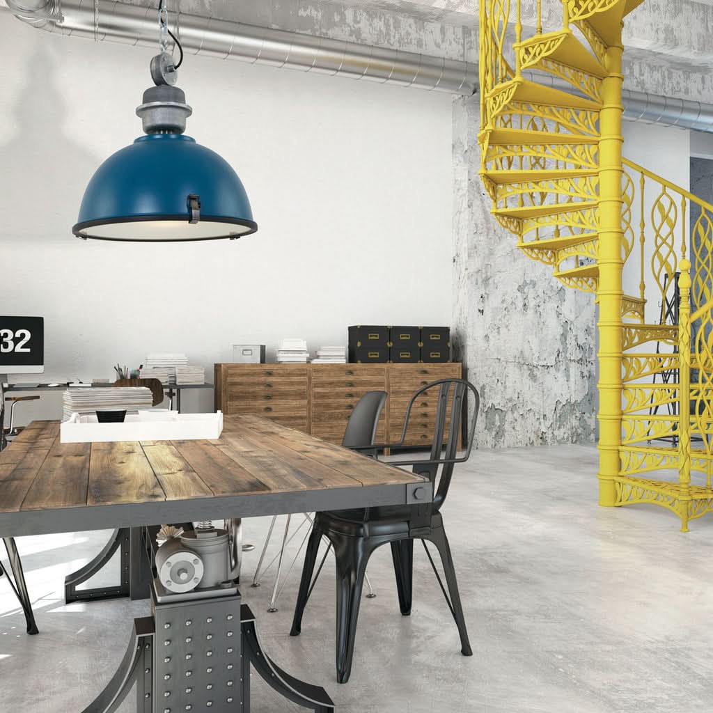Suspension industrielle bleu canard Bikkel, dôme métal Ø 42 cm à verre, Designix