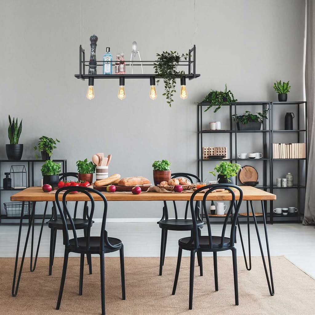 Suspension installée au-dessus d'une table en bois dans une salle à manger moderne.