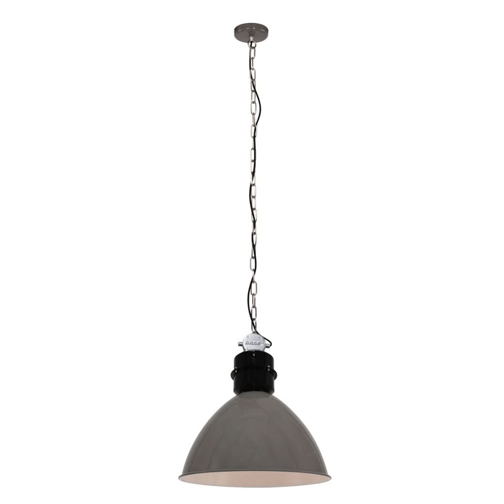 Vue d'ensemble de la suspension grise avec chaîne et rosace de fixation.