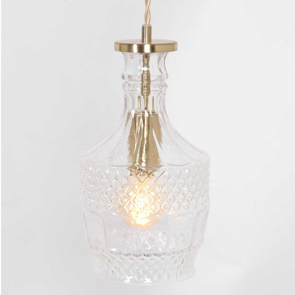 Suspension verre vintage transparent en carafe taillée, monture laiton | Grazio Designix
