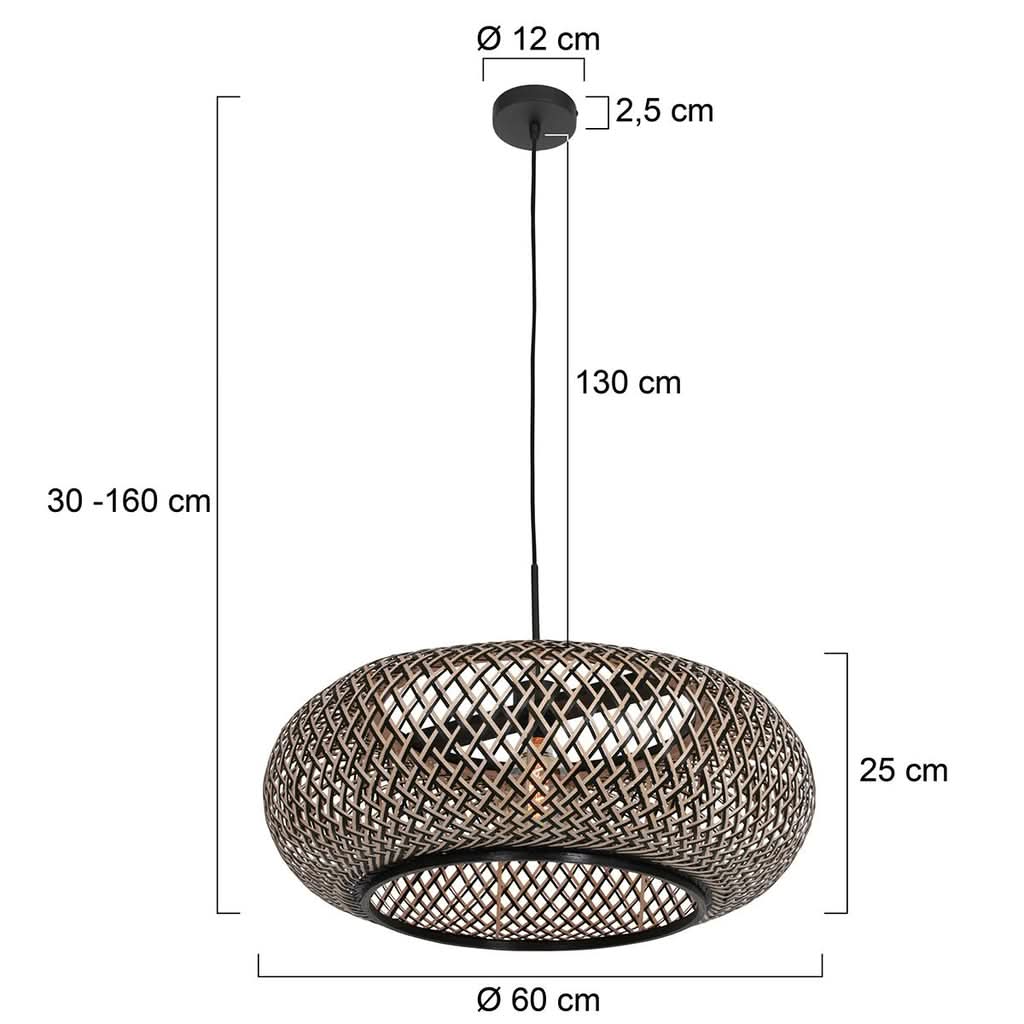Dimensions de la suspension bambou Maze : Ø 60 cm, hauteur réglable 30 à 160 cm