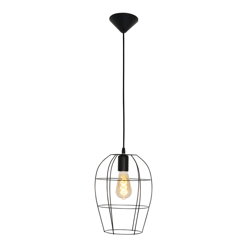 Suspension complète avec rosace noire fixée au plafond, câble fin et cage ajourée.