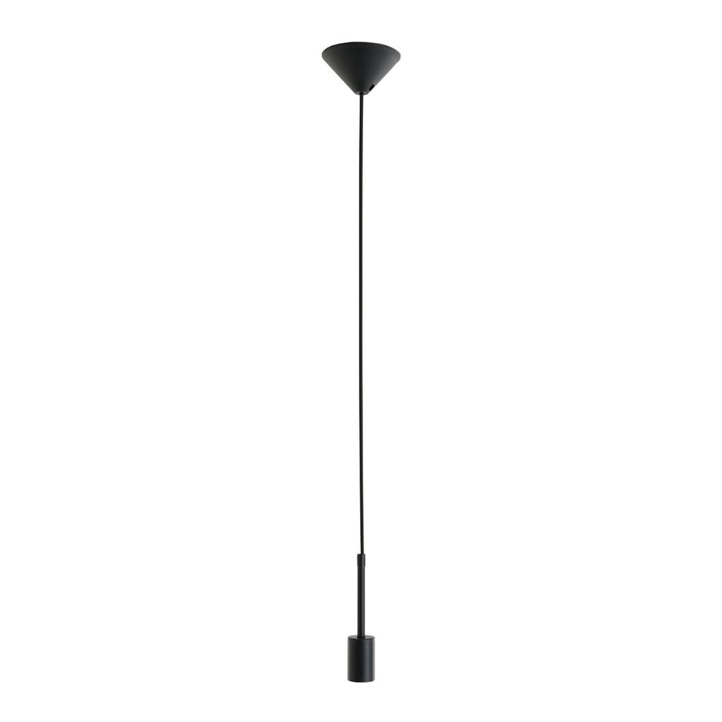 Suspension noire complète vue de face, sans ampoule, avec rosace conique et douille cylindrique.