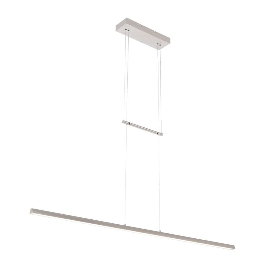 Vue en perspective du luminaire suspendu, barre fine et câbles apparents