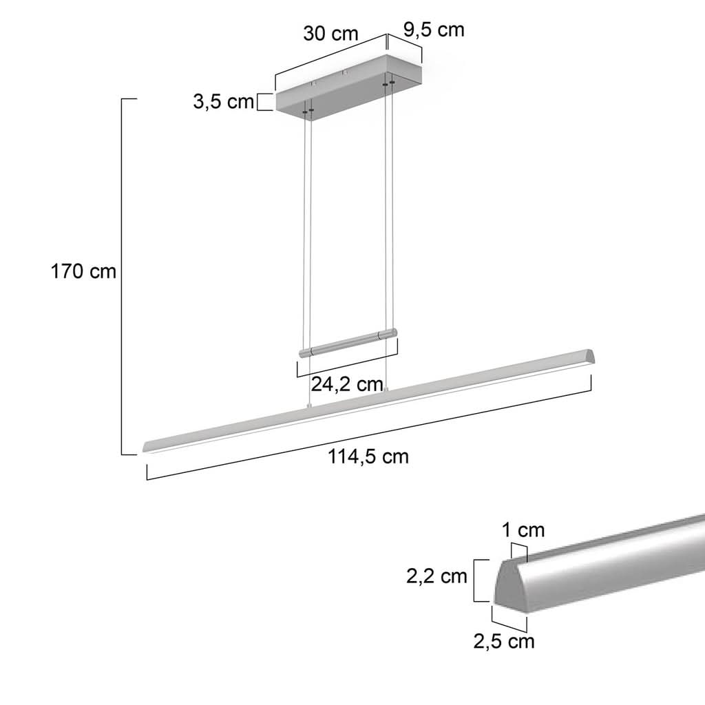 Schéma coté indiquant les dimensions de la barre, des câbles et du socle