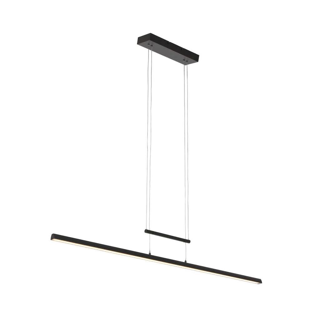 Vue en perspective de la suspension noire avec barre inclinée et câbles.
