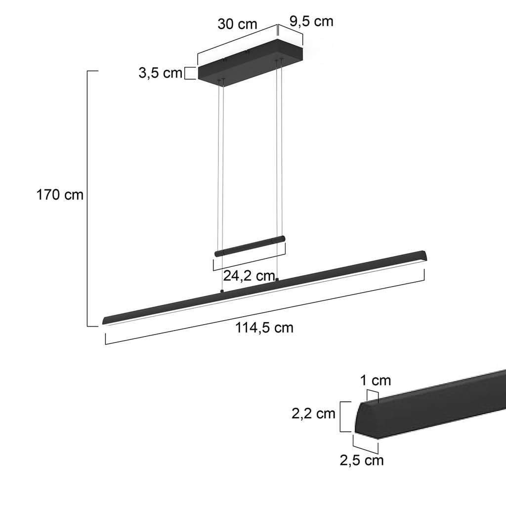 Schéma technique coté de la suspension linéaire avec dimensions en centimètres.