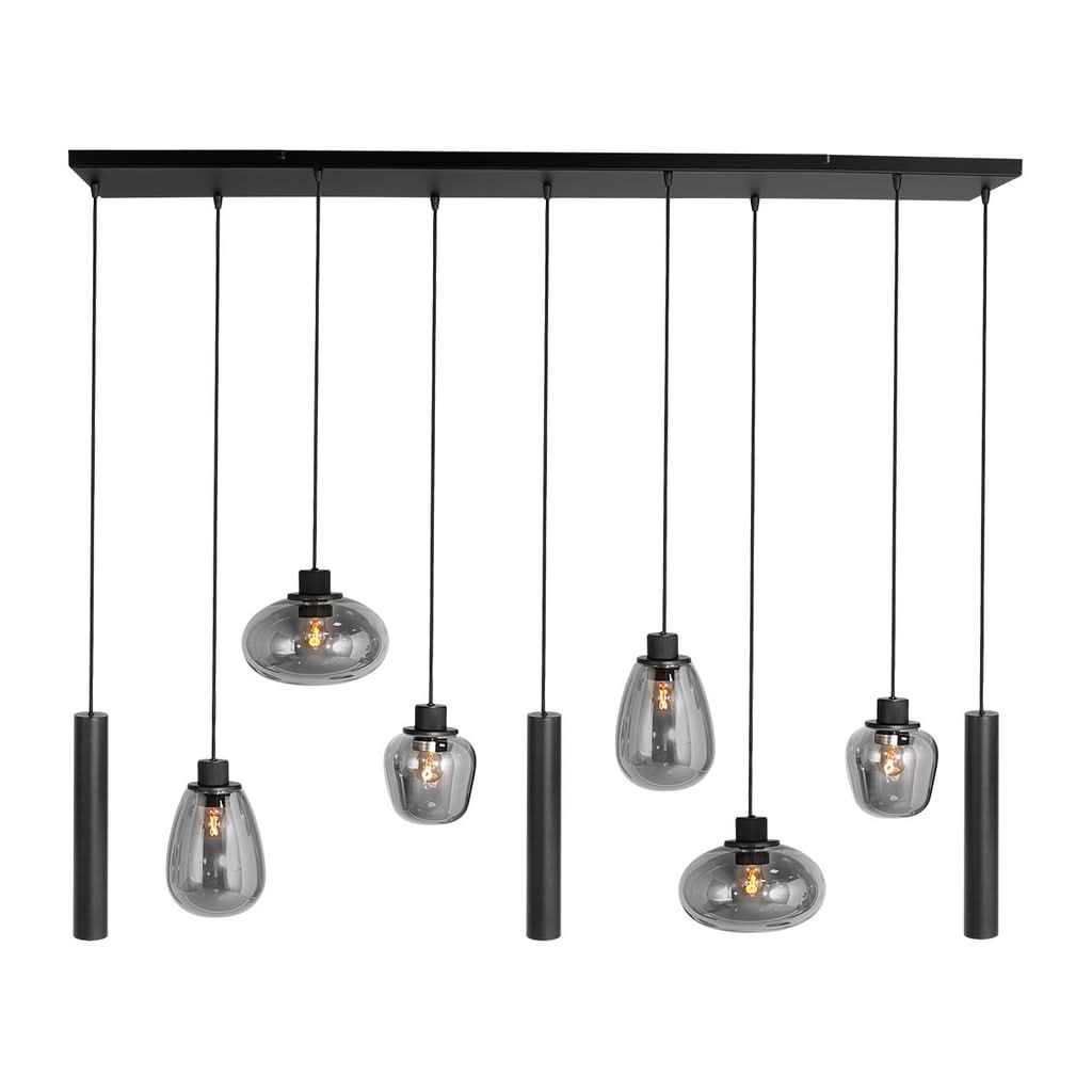 Vue de face du luminaire montrant barre rectangulaire et neuf suspensions pendantes noires.