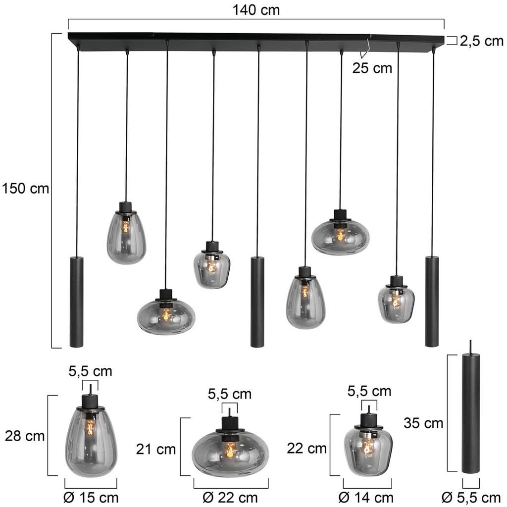 Schéma coté du luminaire avec dimensions 140 cm, 150 cm et détails des fixations.