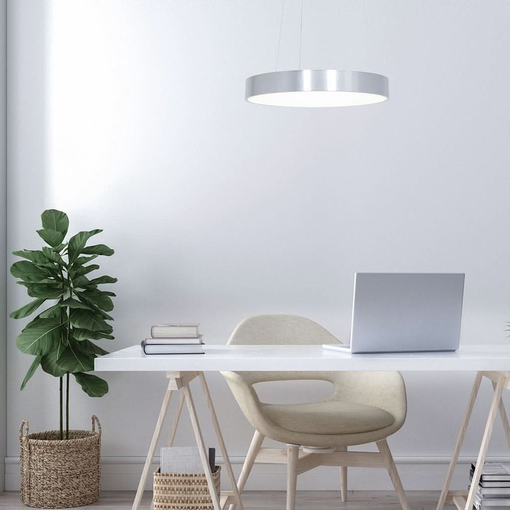 Mise en ambiance au-dessus d'un bureau blanc avec plantes et ordinateur portable