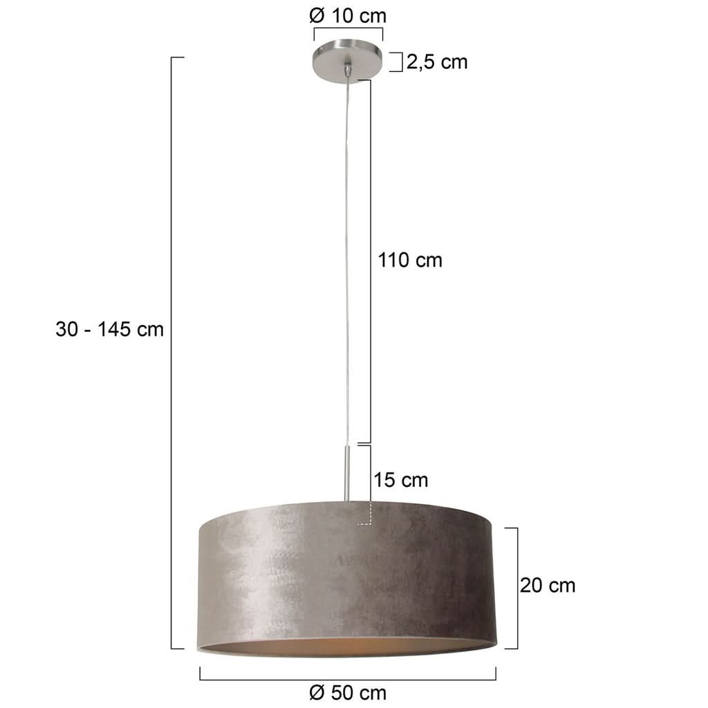 Schéma coté de la suspension : diamètre 50 cm, hauteur 20 cm, réglage 30 à 145 cm