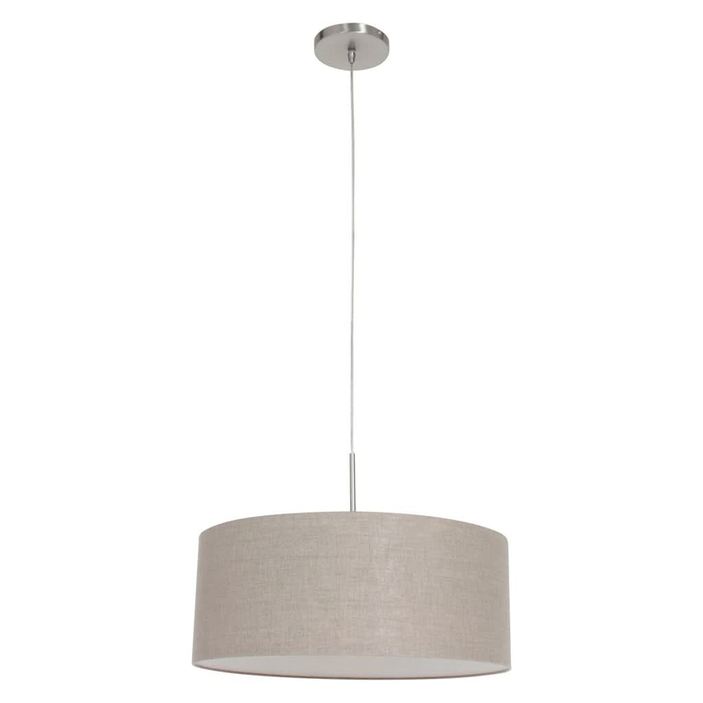 Suspension lin gris Sparkled vue de trois quarts, abat-jour tambour et cordon transparent
